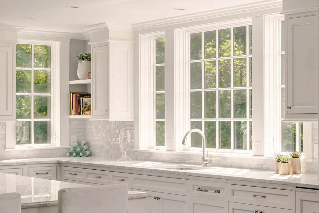 A Marvin Elevate Collection window in a beautiful white kitchen