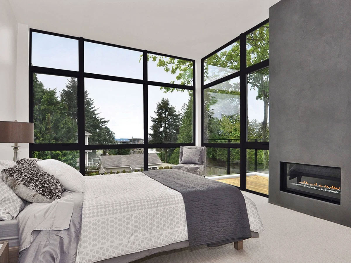 Marvin Essential windows in a contemporary bedroom with fireplace