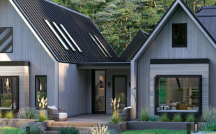 A gray and black contemporary home with black trimmed windows and skylights