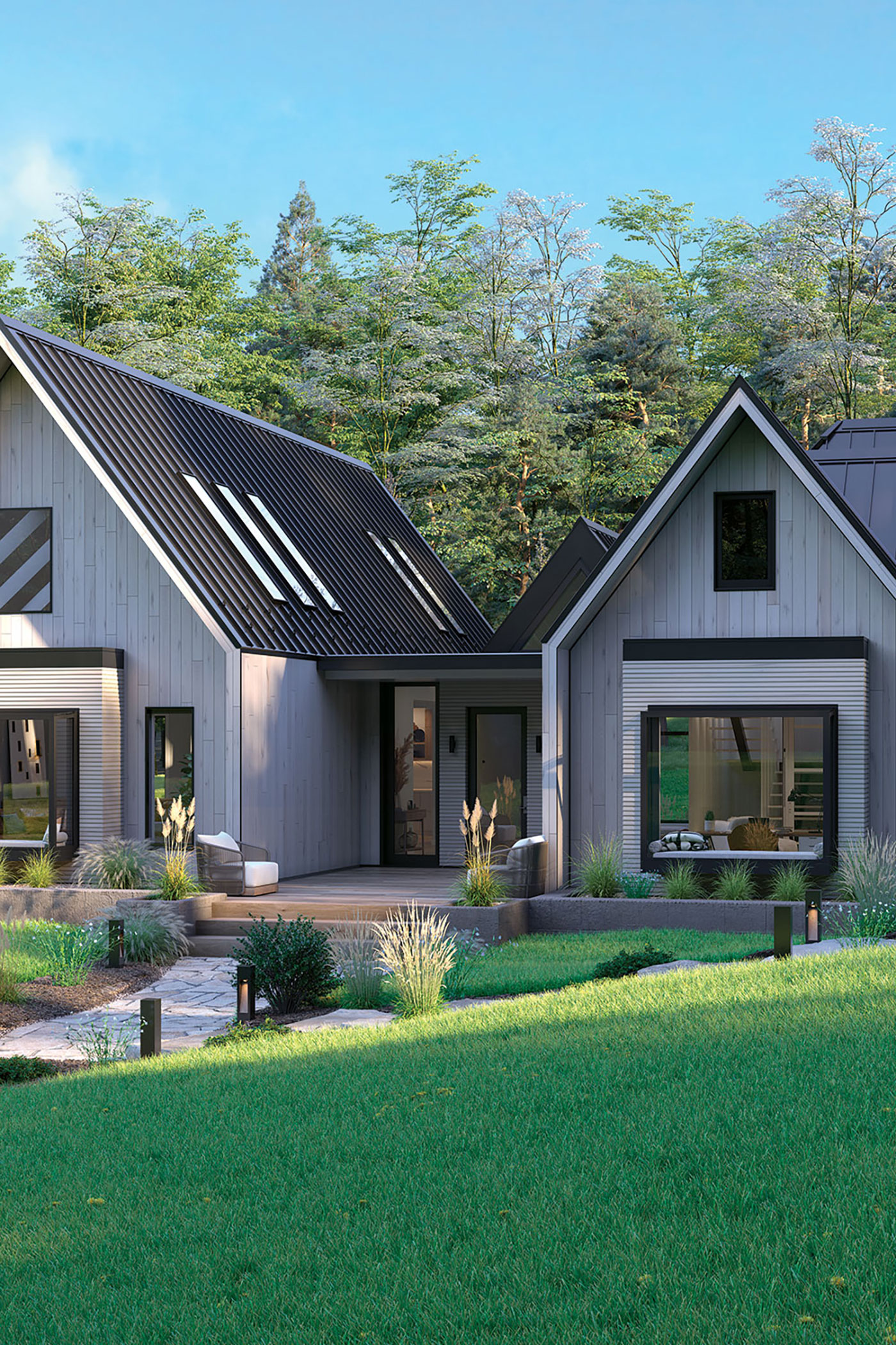 A gray and black contemporary home with black trimmed windows and skylights