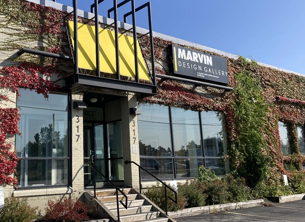 The front entrance with yellow awning at Marvin Design Gallery
