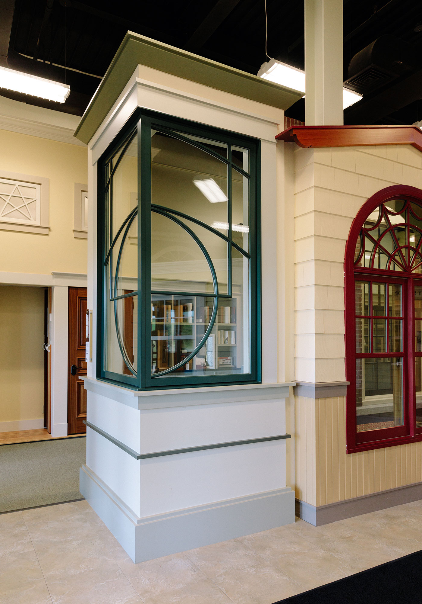 A custom corner window display in the Marvin Design Gallery