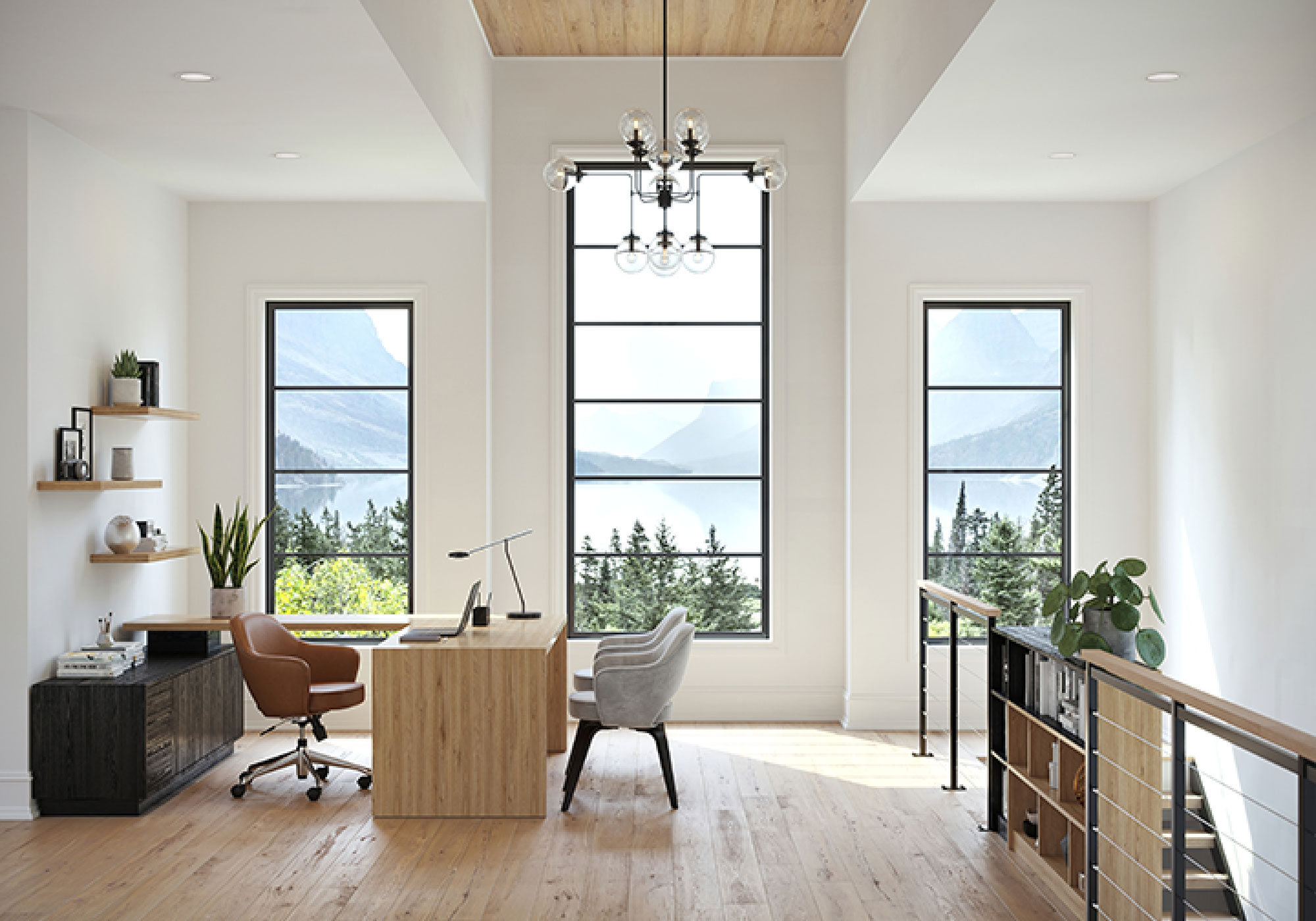 three large windows shine light on a cozy sitting room