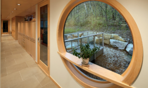 A wood framed circular window