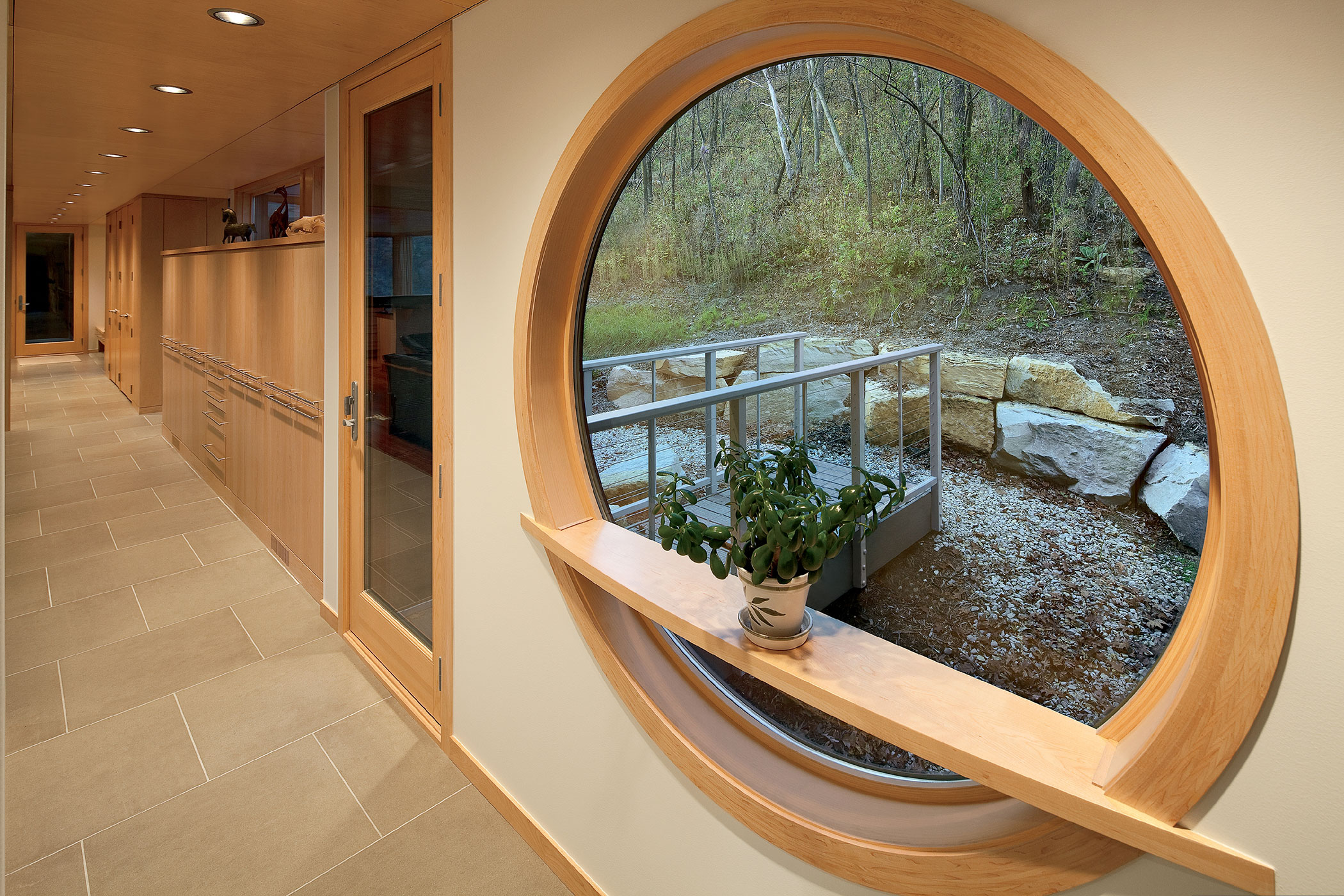 A wood framed circular window