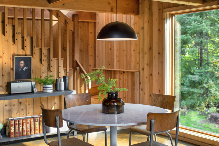 A fern in a pot on a table in a well lit windowed room.