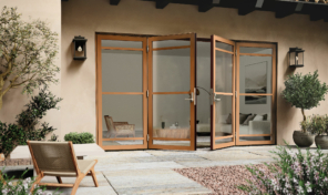 four patio doors with wood trim and glass