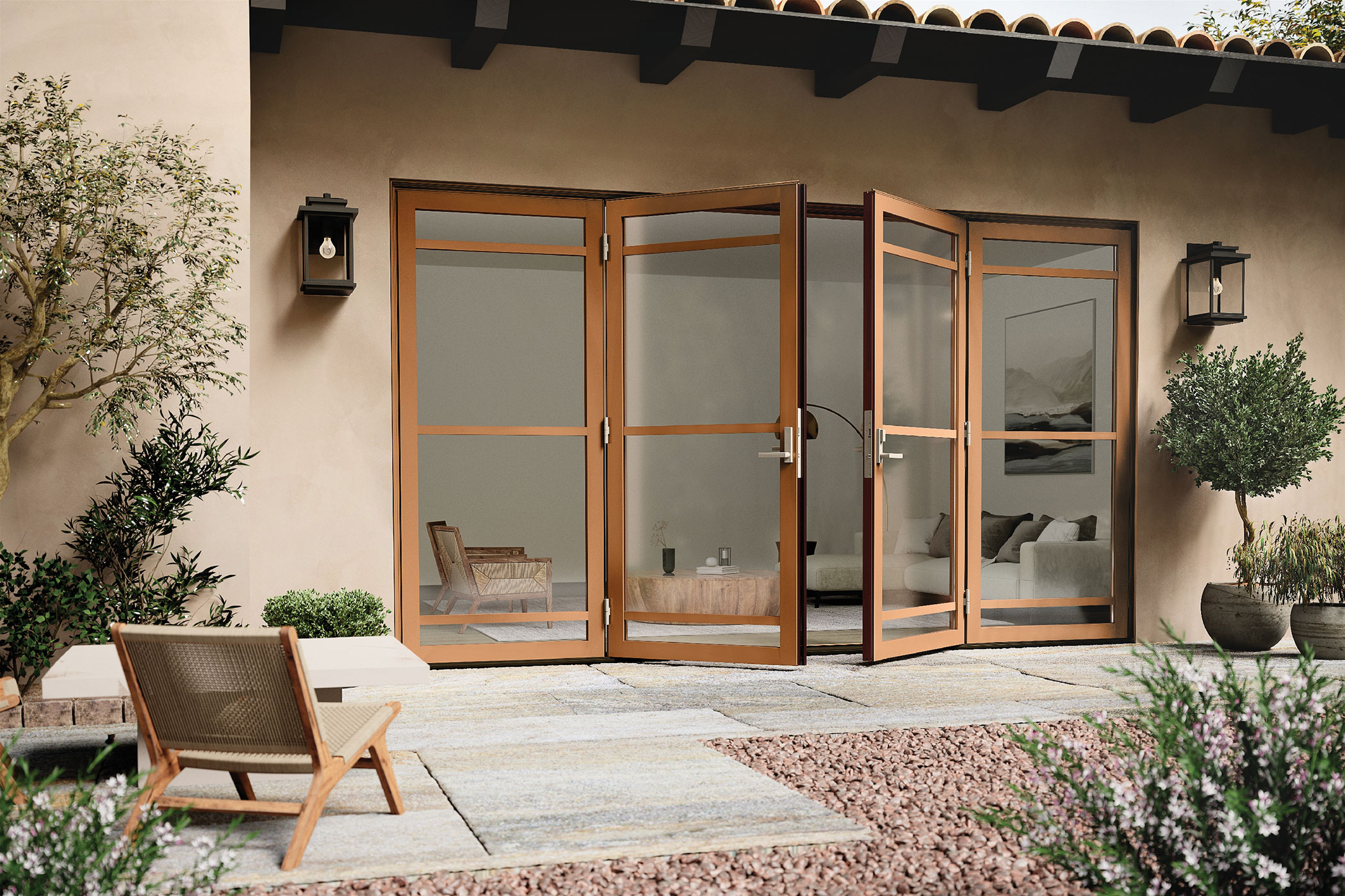 four patio doors with wood trim and glass