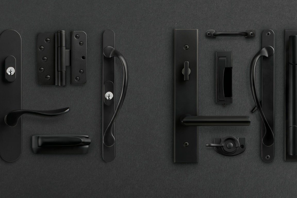 A display of Marvin Ultimate hardware for windows and doors in black